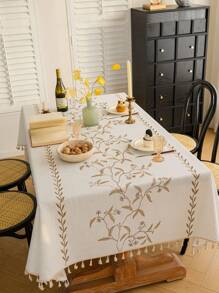 1 Stück wasserfeste rechteckige Tischdecke mit delikater 3D-Stickerei und Quastenverzierung, geeignet für Wohnzimmer, Esszimmer, Restaurant, Hotel