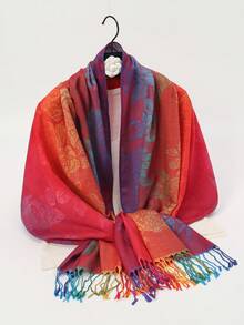 1pc Rainbow Floral Jacquard Tasseled Scarf/Shawl - A - View 10