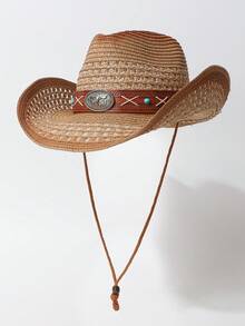 1pc Women's Zirconia Chain Decorated Gradient Perforated Windproof Rope Straw Hat, Panama Hat, Spring/Summer Unisex Fashion Versatile Sun Protection Hat Suitable For Daily Wear, Beach, Outdoor, Vacation - Top Hat - View 7