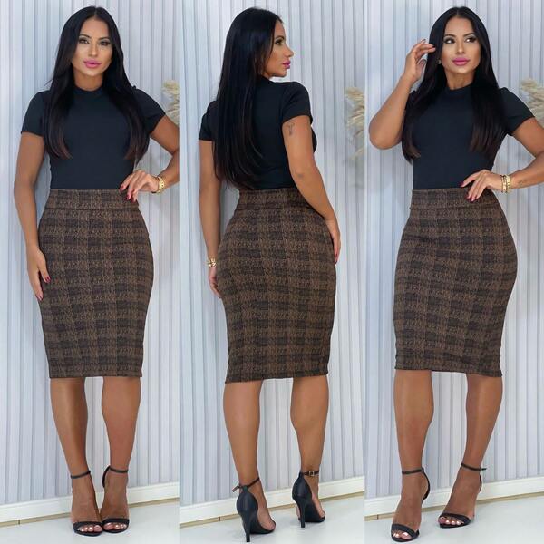 Saia Xadrez Moda Evangélica Lindo Modelo Secretária Feminina Midi Cintura Alta