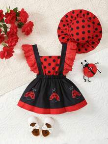 2pcs Baby Girl Summer New Ladybug Striped Full Print Backless Patchwork Lotus Leaf Lace Adjustable Shoulder Strap Dress&Sun Hat Set - Red - View 1