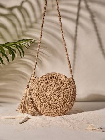 Tropiscape Gusure 手工编织圆形波西米亚风流苏装饰斜挎包 时尚镂空旅行度假草编包、草编沙滩包、沙滩必备品、沙滩用品、沙滩装备及夏季必备品，时尚度假包，适合夏季、秋季、圣诞节、冬季等各种场合，是理想的圣诞礼物之选。