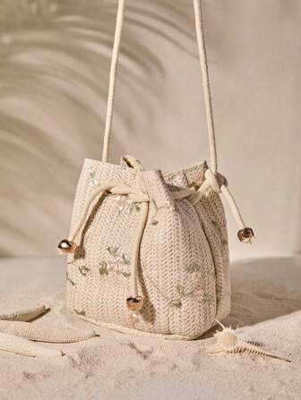 Tropiscape Mini Floral Embroidered Drawstring Detail Vacation, Straw Purse, White Straw Beach Bag, Beach Necessities, Beach Essentials,Beach Stuff & Summer Essentials Beach Autumn Christmas Christmas Winter Christmas Gifts New Year