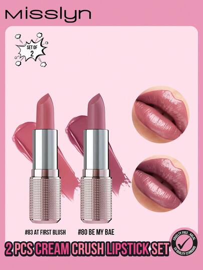 Misslyn 2pcs Creamy Lipstick Set. Creamy Lipstick, Smooth And Non-Sticky Moisturizing Lipstick, Smooth And Nourishing Satin Lipstick, High Gloss, High Color Payoff, Layerable, Nude Shades, Y2K Makeup, Party, Beach, Travel, Vacation, Camping, Outdoor, Rose, Fashion, Girl, New Year, Cosmetics, Cosplay, Best Travel, Holiday, Color, Style, Campus, School, Charm, Atmosphere, Chinese New Year, Valentine's Day Gift, Vegan, Cruelty-Free