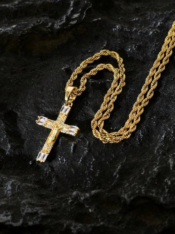 1 Piece Of Vintage Metal Style 18k Gold-Plated Stainless Steel Men's Necklace+Gorgeous Zirconia Jesus Crucifixion Pendant