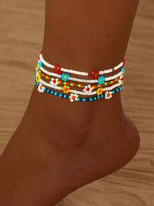 1pc Fashionable & Versatile Handmade Beaded Flower Design Anklet For Women, Bohemian Style, Summer - Flower Anklet - View 1