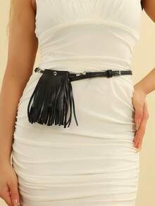 1 件纯色皮革朋克铆钉和流苏装饰腰带，多功能带扣腰带，