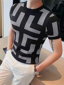 Camiseta de punto de cuello redondo de manga corta para hombres - Patrón geométrico negro y blanco. Tela suave para comodidad. Ideal para uso casual de verano, salidas diarias y looks con estilo.