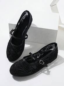 2025 Autumn Women's Round Toe Mesh Ballet Flats, Embroidered Floral & Pearl Decor Design, Elegant Minimalist Breathable Retro Mary Jane Slip-On Style, Fashionable And Comfortable For Everyday Wear