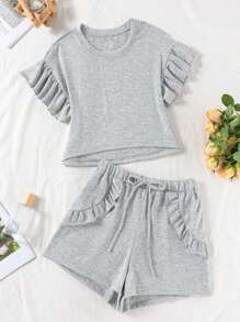 Women 2Pcs Summer Lounge Set, Lightweight Breathable Scoop Neck Relaxed Fit Ruffle Hem Cropped Top And Elastic Waist Ruffle Hem Short, Solid Color, Lounge Outfit