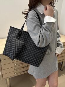 (Purse With A Coin Purse)New Fashion Women's Large Capacity Full Body Print Design Letter Pattern Decoration Design Double Handle Tote Bag Suitable For Work And Commuting,School Bag,Large Capacity,Portable,Classic Casual,Business Casual,For Teen Girls Women College Students,White-Collar Workers,Perfect For Work,Back To School,Middle School,High School,College,Vacation, Fashionable Tote Bag With Zipper - Black - View 5