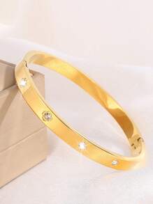 1pc Stainless Steel Cubic Zirconia Bangle Bracelet For Men, 18k Gold Plated, Oval Shaped, Non-Fading Jewelry, Youth Gift