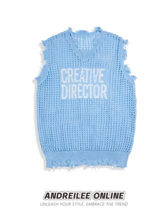 男女款休闲宽松V领字母图案背心，街头风格，春夏