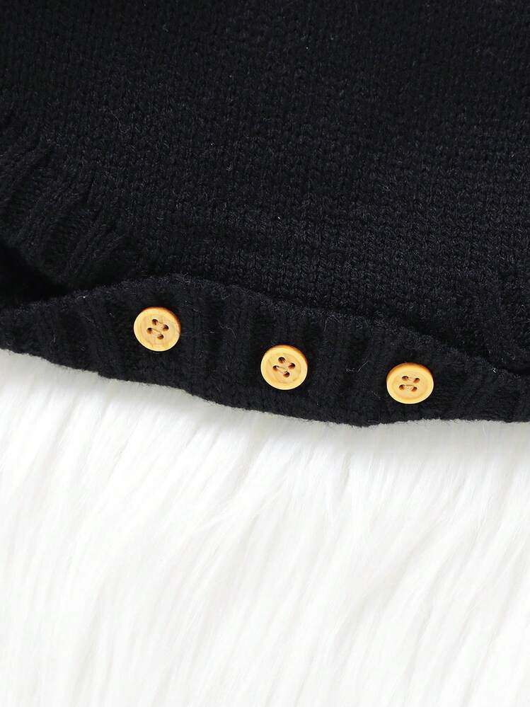 Baby Sweater Romper Striped Long Sleeve Round Neck Pumpkin Face Print Bodysuit Infant Halloween Outfit - 黑色 - 查看 8
