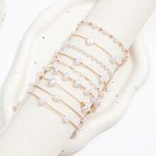 9pcs Asymmetrical Baroque Pearl Handmade Chain Bracelet Set, Faux Pearl & Copper Chain Layered Bracelet For Women (Length Customized According To Order, Not By Piece Count) - Gold - View 3