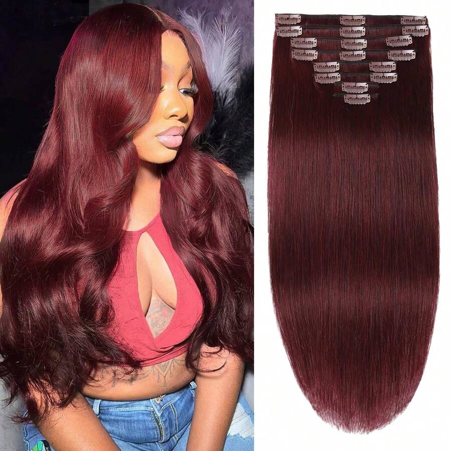 Clip In Hair Extensions Real Human Hair Clip Ins 8pcs 99J Burgundy Straight Human Hair Clip In Extensions Soft Silky Invisible Edge Brazilian Real Hair Extensions Clip In Human Hair For Full Head - S99J - View 1
