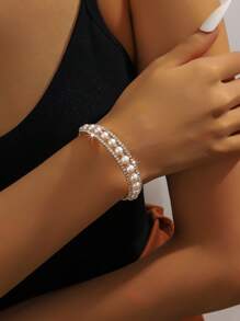 1pc Women's Multi-Layer Crystal & Pearl Bracelet, Minimalist & Practical