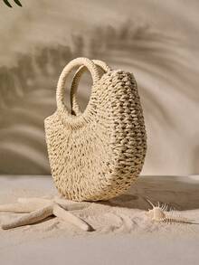 Tropiscape 纯色手工编织圆形手柄抽绳束口包，适合夏季，女士迷你休闲单肩包，理想礼物，女士度假包，假日草编包，草编沙滩包，沙滩必备品，沙滩用品，沙滩用品和夏季必备品，夏季海滩度假包，秋季圣诞节冬季圣诞礼物 - 米色 - 查看 3