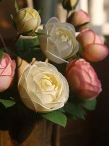 1 pièce Fleur artificielle réaliste en PU ressemblant à de la soie avec 4 fausses roses roses et blanches - Décoration de maison de style ferme moderne pour mariage, Pâques, fournitures de fête de printemps - Décoration de chambre, salon, jardin et mur de style vintage pour l'automne