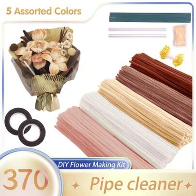 370 Pcs Pipe Cleaners Craft, 4 Assorted Colors Pipe Cleaners Bulk, Chenille Stems For DIY Flower Making Kit With Floral Wires, Gardening Tape, Stamen& Ribbon, Holiday Gifts Pipe Cleaner Decorations,Holiday Decorations With Chenille Stems