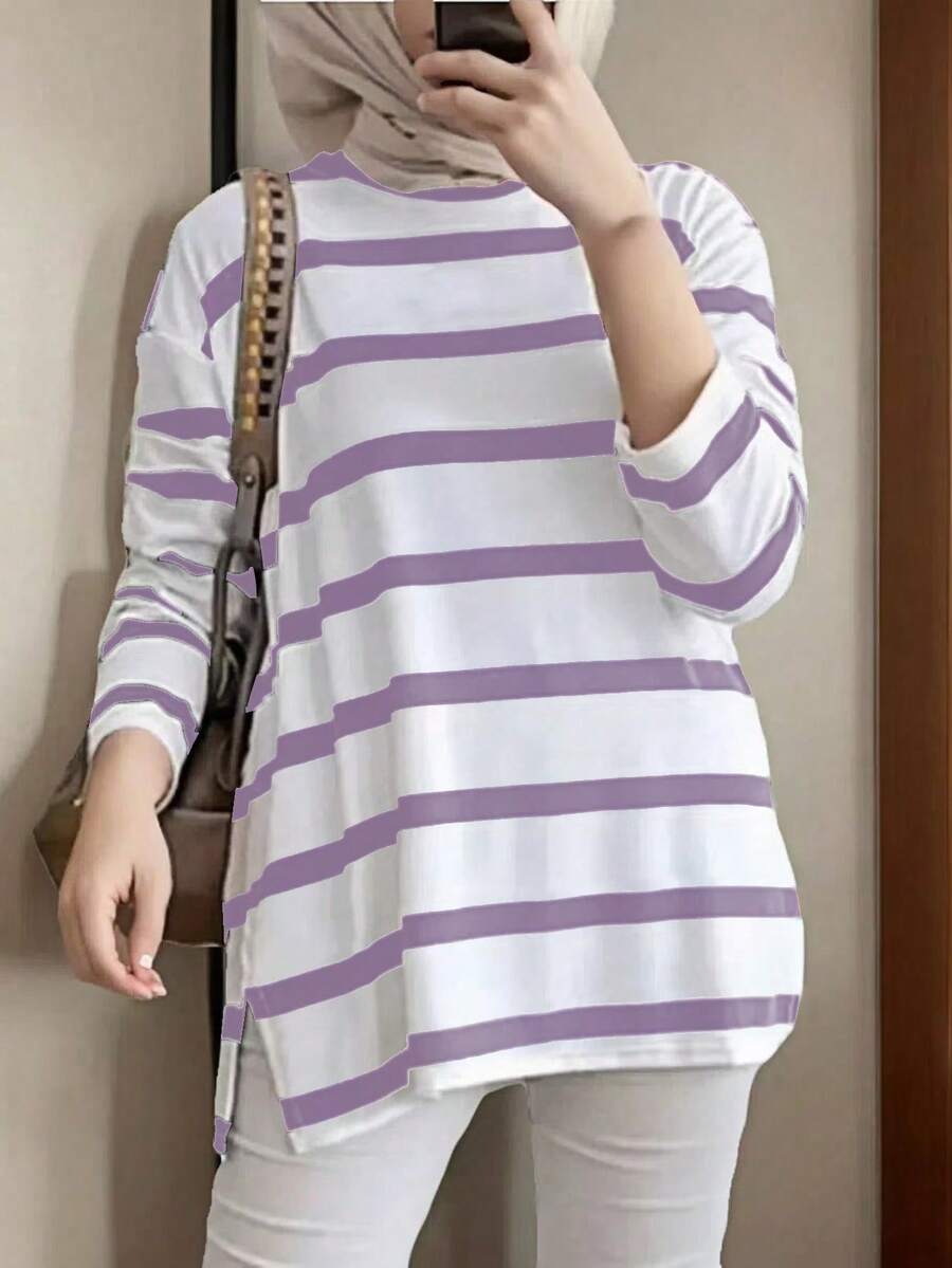 女士休闲条纹高领开衩长袖上衣 - 紫色 - 查看 1