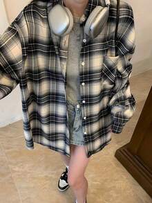 Plus Size Women Plaid Collared Button Down Shirt, Casual Loose Fit College Style, Versatile For Daily Wear And Commuting, Spring & Autumn