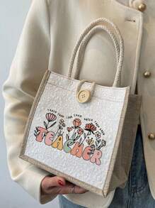 1pc Best Teacher Ever Letter And Flower Print Linen Tote Bag, Reusable Printed Women'S Tote Bag, Double Handle Shopping School Bag, Large Capacity Shoulder Bag, Casual Tote Bag, Christmas Storage Bag, Suitable For Commuting, School And Shopping, Convenient For Outdoor Use, Gift For Friends And Besties, Teacher Gift, Perfect Choice For Vacation And Festival, Best Teacher Christmas, Thanksgiving Gifts, Thank You Teacher Gifts