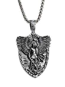 1pc Men's Stainless Steel Vintage Style Saint Michael Sword Shield Pendant Necklace, European & American Titanium Steel Angel Necklace Jewelry, Suitable For Daily Wear