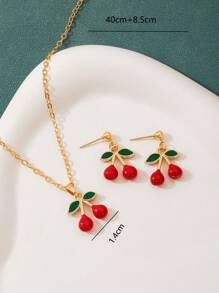3pcs/Set Red Cherry Pendant Necklace & Earrings Jewelry Set, Cute & Sweet