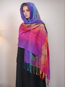 1pc Rainbow Floral Jacquard Tasseled Scarf/Shawl - A - View 5