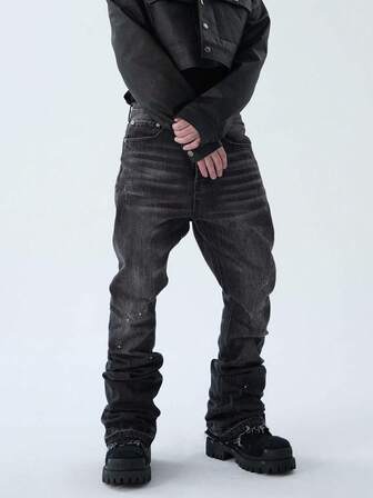 Straight Leg Flared Jeans, Fashionable Washed Denim Jeans, Cotton Slant Pocket Pants