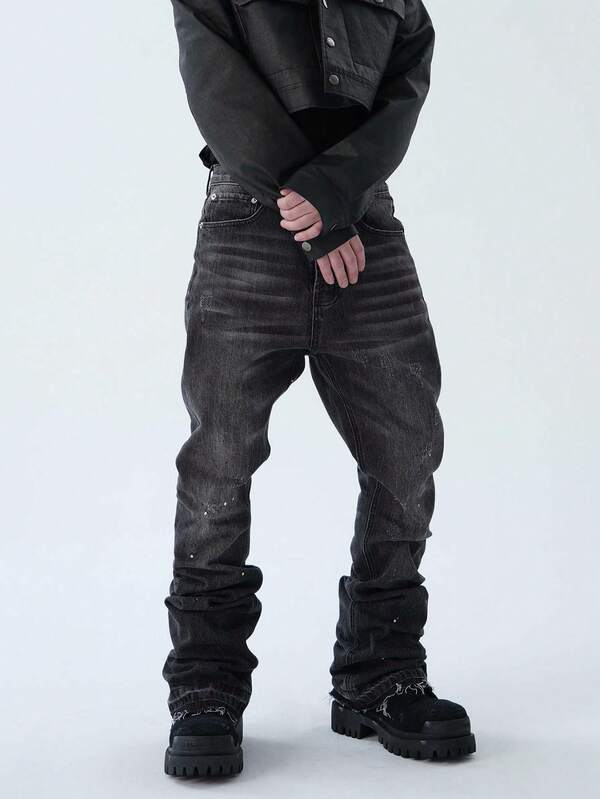 Jeans de pierna recta acampanada, jeans de mezclilla lavada de moda, pantalones de algodón con bolsillos en diagonal