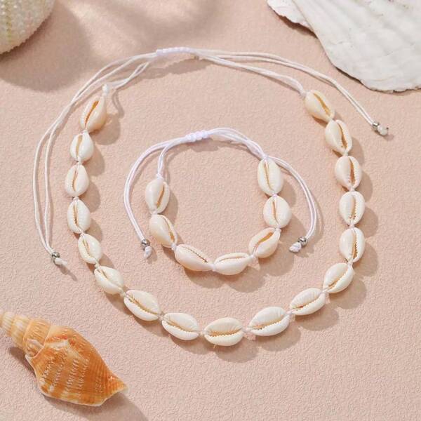 2pcs Seashell Bracelet & Necklace Set, Boho Style Woven Choker