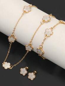 1 Pair Of Earrings+1 Necklace+1 Bracelet+1 Bracelet+1 Ring, With Lucky Flower Design Alloy Jewelry Set, Fashionable Female Gift - Flower Style - View 11