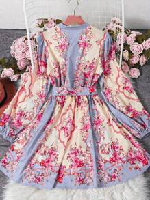 Vestito estivo da donna in stile retrò ed elegante, con collo alla coreana in pizzo, maniche a lanterna e stile bohémien