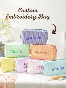 Customized Text Women's Makeup Bag, New Solid Color Fashion Unique Creative Makeup Bag, Outdoor Casual Versatile Gentle Style Handbag, Travel Organizer Pouch - Multicolor - View 3