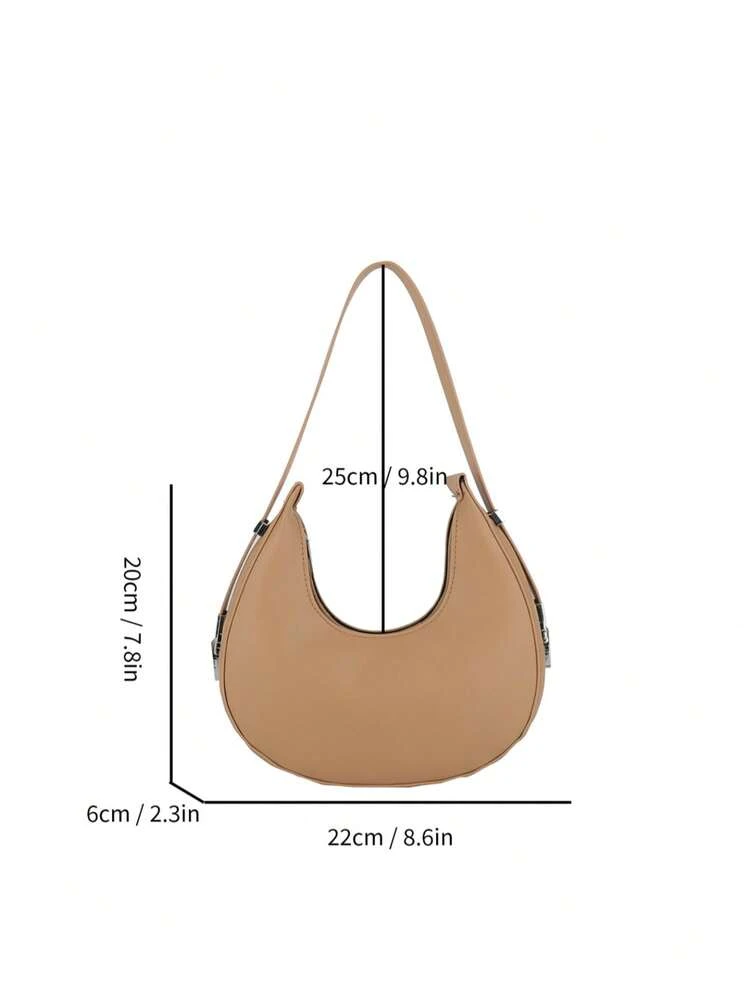Women Solid Color Minimalist Hobo Shoulder Bag, Crescent Shape, Versatile Commute/Casual/Street Fashion Handbag - Khaki - View 2