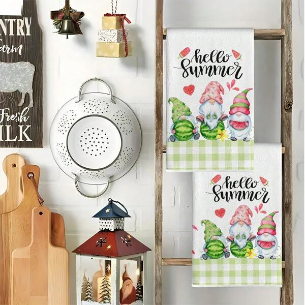 2 pièces Serviettes de toilette main gnome pastèque d'été, Serviette de cuisine rafraîchissante, Torchon, Gant de toilette, Serviette décorative pour les fêtes, Tissu doux et absorbant pour le séchage, Décoration de cuisine, Décoration de table à manger, Fournitures de cuisine, Décoration d'intérieur