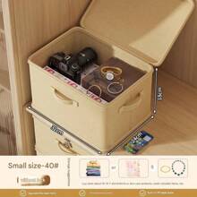 1pc Folding Storage Bin With Zipper And Handle, Beige Storage Box,Polyester Linen, Square, Lid Type,Solid And Tangible Multi-Purpose For Storing Clothing, Toys And Other Items, Upholstery, Bedroom Decor, Trim, Storage, Jeans