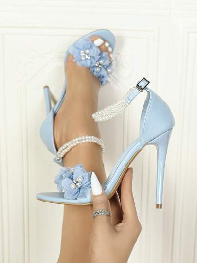 Women's Super High-Heeled Fine-Heeled Blue Wedding Sandals With French Faux Pearl Strap And Elegant Floral, Fashion & Versatile