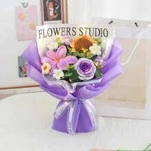 1pc Handmade Eternal Knitted Flower Bouquet, Knitted Tulips & Roses Therapeutic Preserved Flower Birthday/Graduation Gift