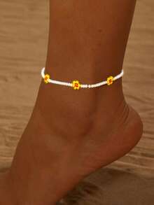 1pc Fashionable & Versatile Handmade Beaded Flower Design Anklet For Women, Bohemian Style, Summer - Flower Anklet - View 13