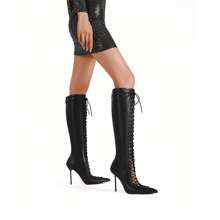 Lançamento Recente Botas de Salto Alto para Mulheres, Bico Fino Sexy Vazado Tiras Cruzadas Salto Super Alto Magro Moda Botas Longas