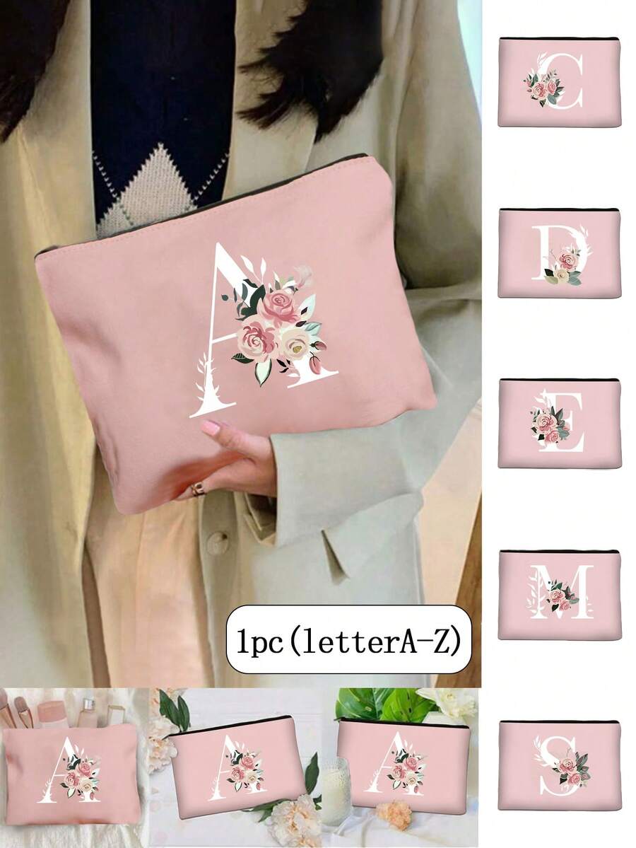 1pc Letter A-Z Flower Print Makeup Bag, Gift For Girls, Cute Retro Simple Fashion Letter Pattern Printed Bag Storage Bag,Cosmetic Pouch For Small Items Storage,Storage Bag, Makeup Storage Bag, Toiletry Bag, Clutch Bag, Lightweight Foldable Storage Bag, Simple Shopping Bag, Teacher Gift Clutch Bag,Storage For Nurses, Doctors, Teachers Bag, Suitable For Personal Travel Cosmetics Storage - Pink - View 1