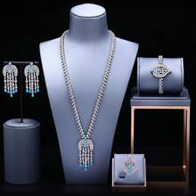 Conjunto de joyería de 5 piezas de turquesa de alta gama para mujeres, que incluye collar, pulsera, anillo y pendientes con flecos de turquesa, adecuado para fiestas y vestidos de noche, realizado en cobre chapado con circonita AAA, piedras de turquesa natural de calidad premium, para el verano