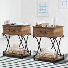 VECELO Set Of 2 Industrial Nightstand With X-Design Frame - Drawer End Table For Bedroom Living Room, 23.6" Retro Side Table,Brown - 棕色 - 查看 1