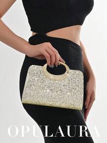OpulAura 女士时尚闪光水钻装饰晚宴手包，奢华闪亮钻石正式派对手提包，适合晚会、派对、生日庆祝、婚礼、礼物 - 金色 - 查看 8