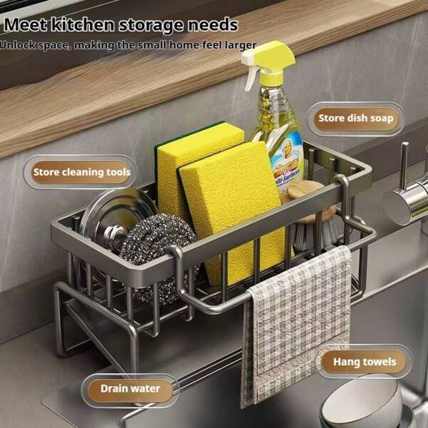 Multifunctional Kitchen Sink Organizer Rack With Tilted Drip Tray, Holds Cleaning Supplies, Sponges, Cloths, Easy To Clean Kitchen Accessory