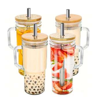 1 pezzo Barattolo di vetro Mason da 22 once con manico, coperchio in legno, bicchiere con cannuccia, contenitore per bevande multifunzionale, tazza per latte/tè di grande capacità e design alla moda, con coperchio in legno e cannuccia, tazza da tè riutilizzabile, adatta per caffè freddo, frappè, succhi, caffè, tè, whisky, latte, americano freddo e bevande al latte