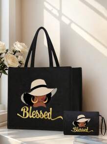 Bolso de lona con estampado de letras doradas y patrones femeninos, que incluye una bolsa pequeña con asa de mano, monedero y bolso grande con gran capacidad, de uso casual y portátil, adecuado para compras en el supermercado, viajes de negocios, vacaciones en la playa, y también puede ser un regalo ideal para amigos, familiares, cumpleaños, Día de la Madre, Día del Maestro.